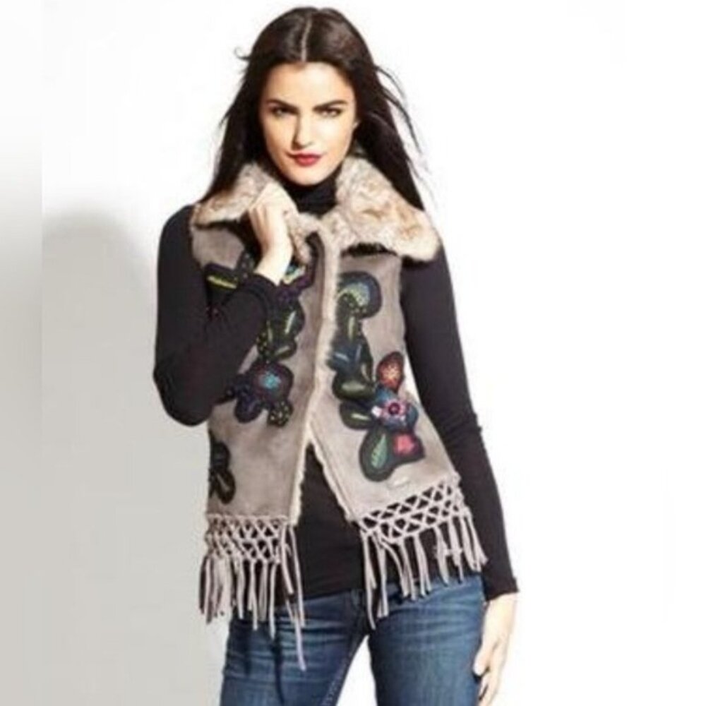 Desigual Faux Suede Fur‎ Lined Floral Embroidered Crochet Macrame Boho Vest Sm
